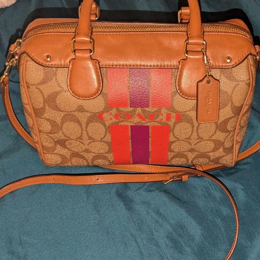 Coach Rowan Signature Satchel with Orange & Purple Stripe With Detachable Strap